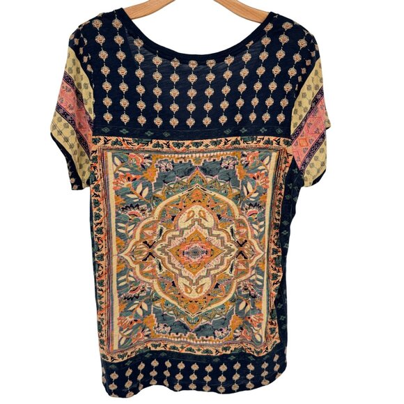 Lucky Brand Womens Boho Print Short Sleeve Top Gold blue medallion size 1X plus - Picture 9 of 13